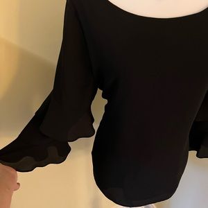 Calvin Klein Beautiful Black Blouse bell sleeve, sheer boat neck X-large